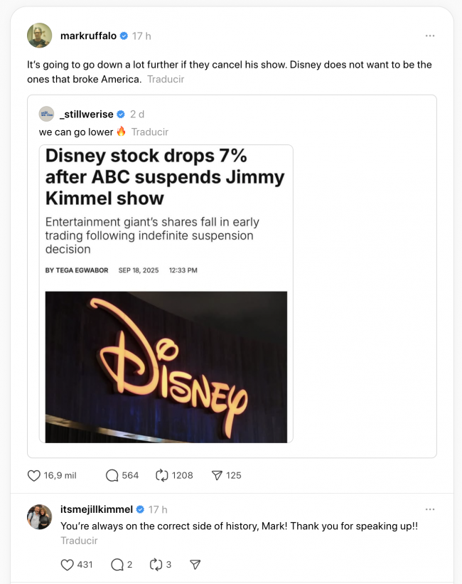 Mark Ruffalo sostiene Jimmy Kimmel dopo la sospensione della ABC