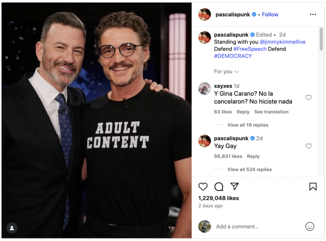 Pedro Pascal sostiene Jimmy Kimmel dopo la sospensione della ABC