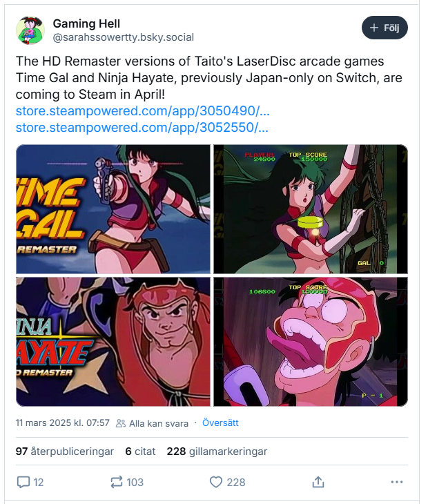 Taito sta rilasciando le rimasterizzazioni HD di Ninja Hayate e Time Gal