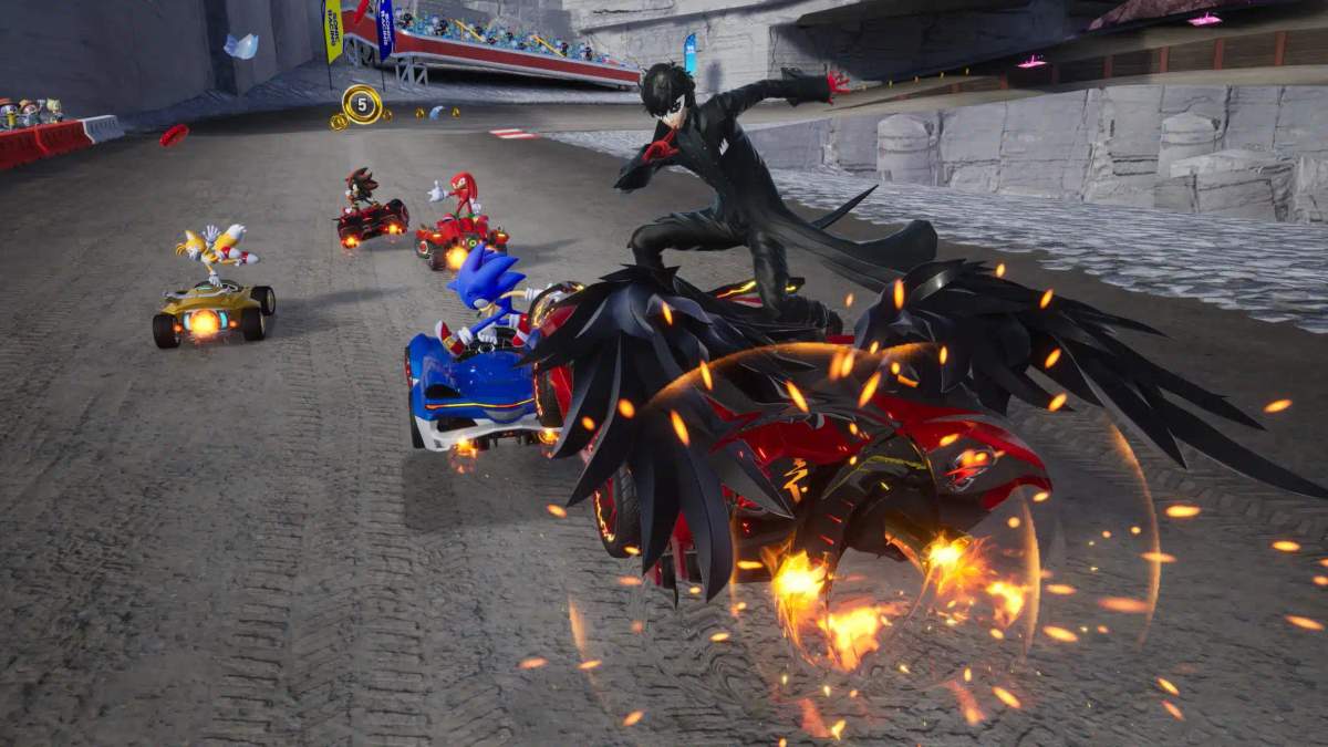 Gameplay of Sonic Racing: CrossWorlds featuring Sonic and other crossover characters racing in cars.